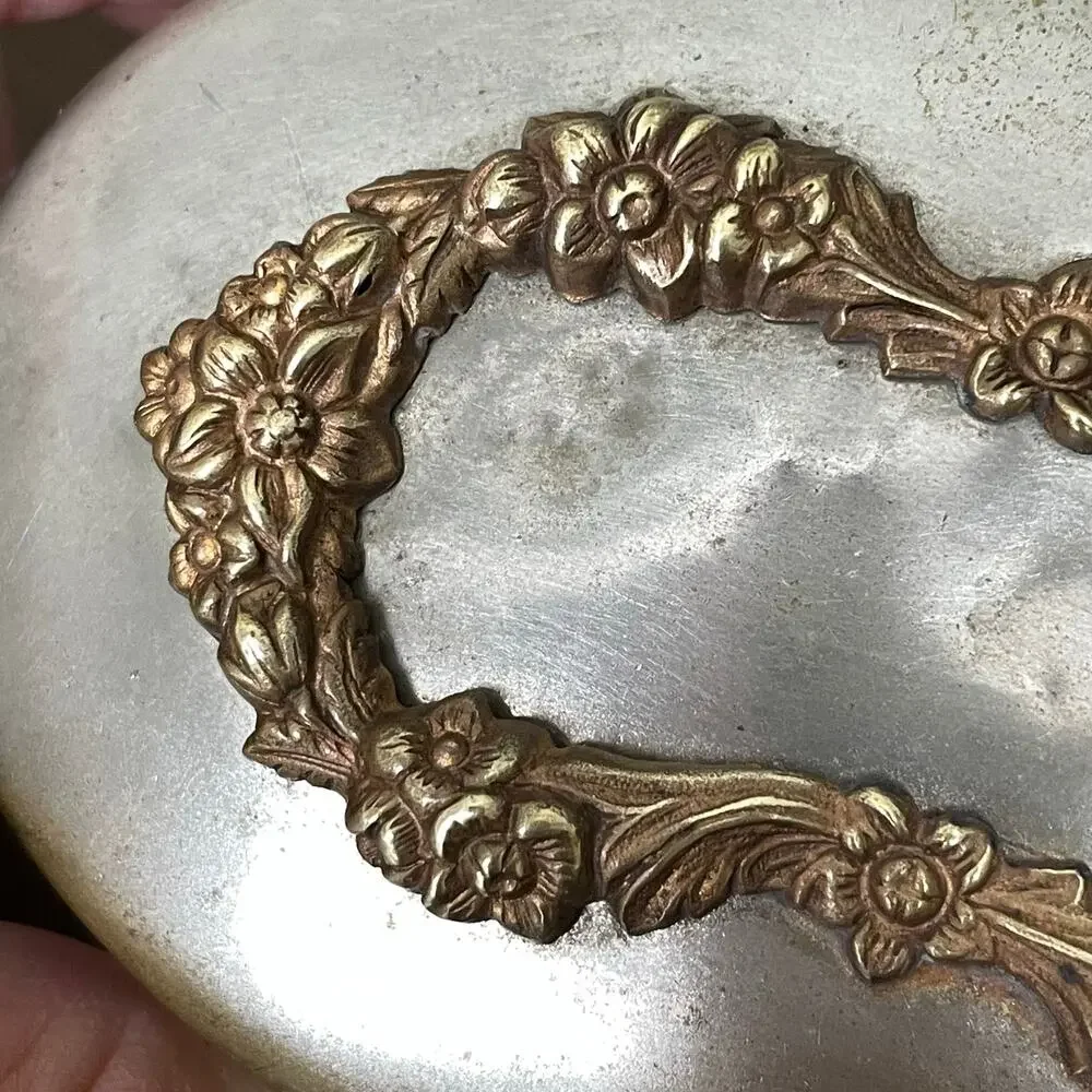Vintage Art Nouveau Glass Trinket Dish with Metal Lid Vanity Jar Floral Design